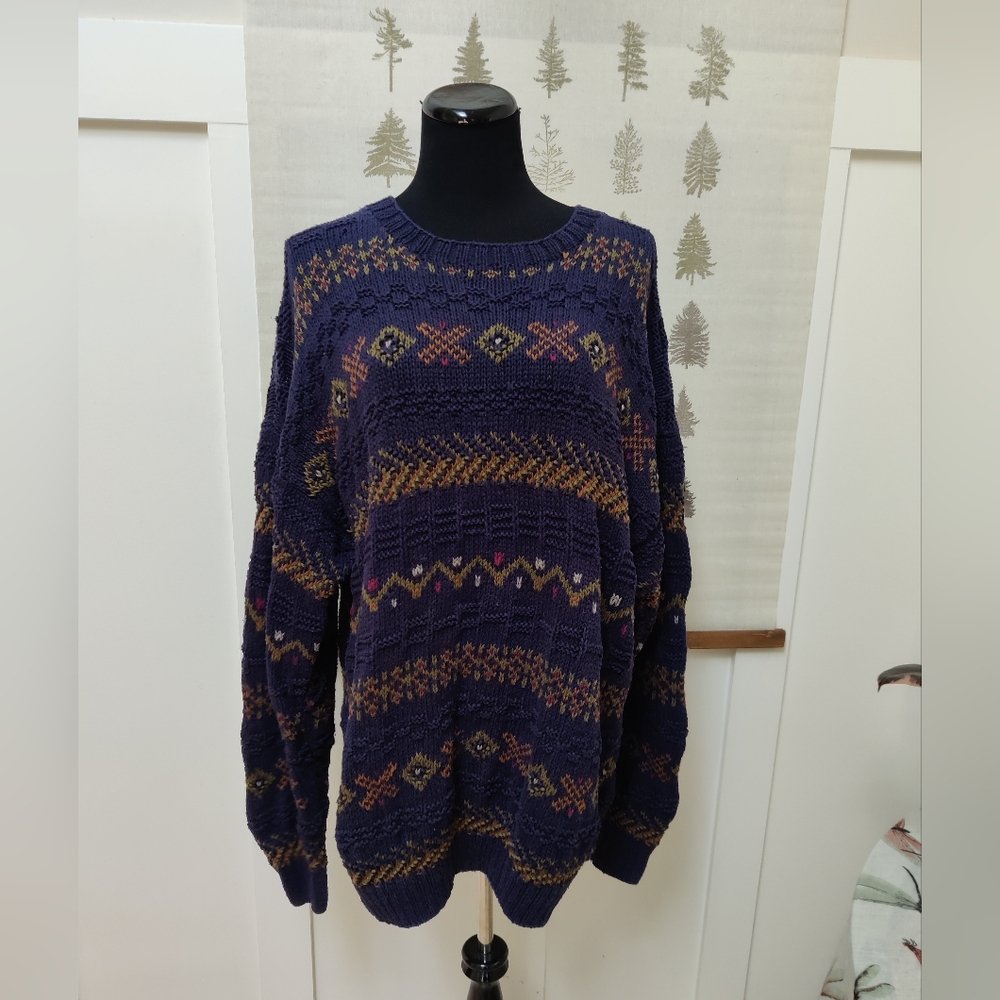 L.L. Bean Vintage Patterned Sweater in Purple and Gold - XL